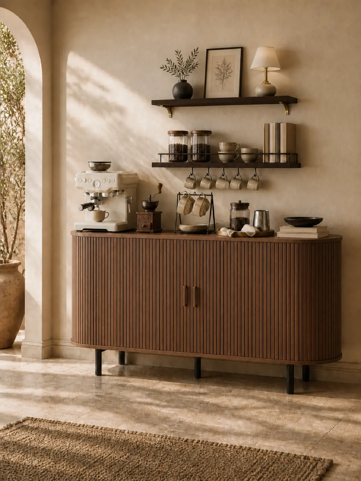 【Sliding Doors Design】ONBRILL 40/55/63" Gorgeous Fluted Buffet Cabinet, Coner Coffee Bar With Storage,  Mid Century Modern Sideboard with Adjustable Shelf, Accent Wood Console Table for Kitchen Entryway Living Room Furniture【BackToSchool】