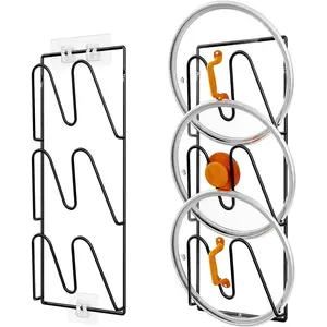 2 Pack 6-Tier Pot Lid Organizer Rack, No Drilling Adhesive Mounted Rustproof Pot Lid Holder for Cabinet Door/Wall, Kitchen Pot and Pan Cover Storage Organizer, Classic Black
