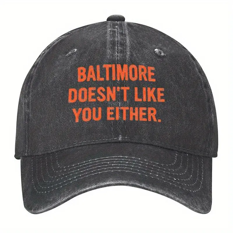 Vintage Washed Baltimore Wide Brim Baseball Cap - "Baltimore Doesn't Like You Either" Print, 100% Polyester, Adjustable Snapback, 6 Ventilation Eyelets, Fits Most Head Sizes, Hand Wash Only, for Everyday & Casual Wear, Sports, Uv Protection, Washed Look
