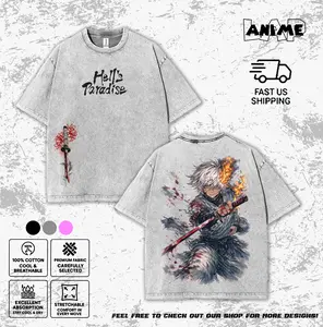 Hell's Paradise Gabimaru Washed Tee, Jigokuraku Vintage Anime Graphic T-Shirt, Fire & Katana Shinobi Design, Unisex Acid Wash Streetwear, Premium Cotton.