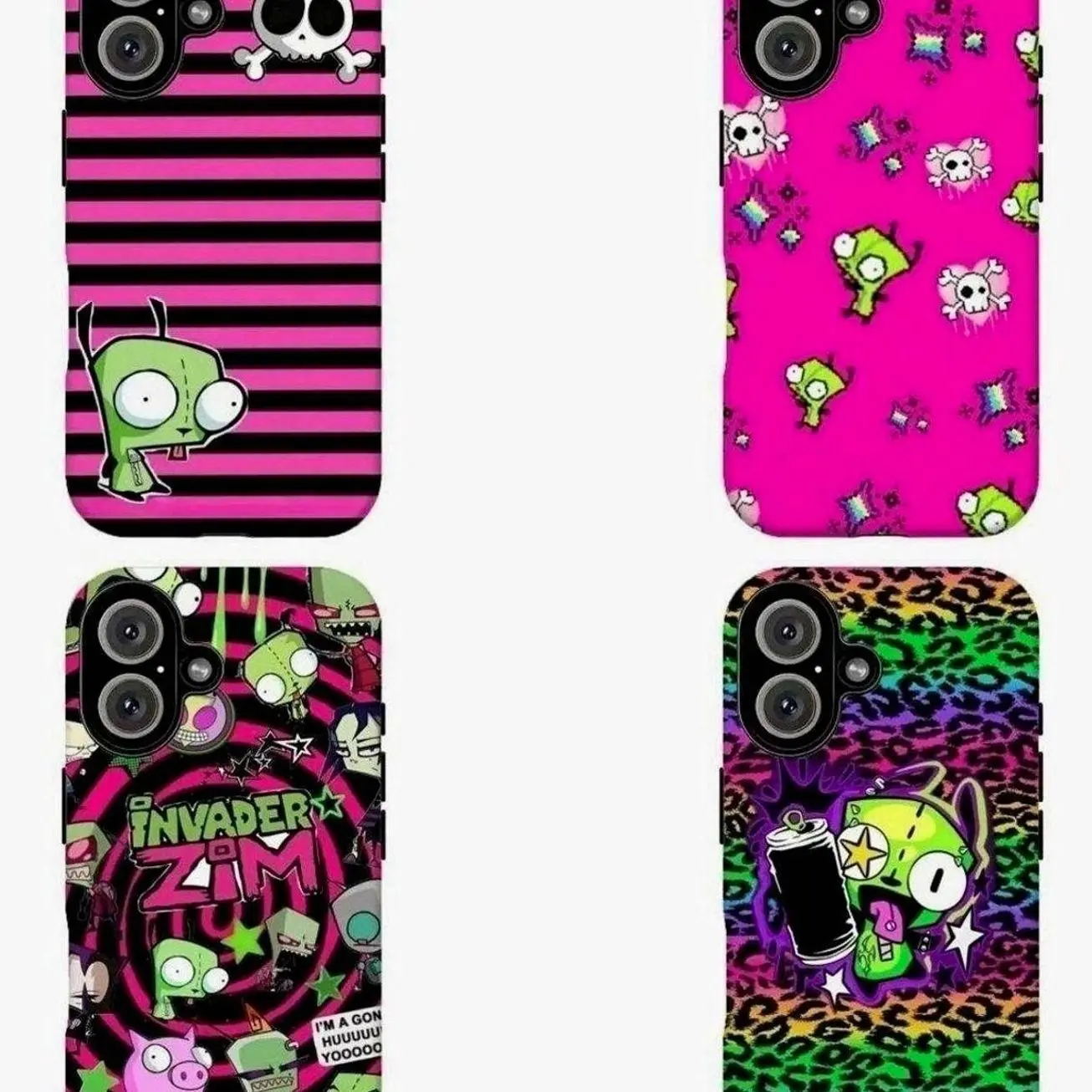FL-Invad3r Zim GIR Pink Stripes & Skull Phone Case,Y2K Emo Aesthetic Cover For iPhone 11 12 13 14 15 16 17 Air Pro Max for Samsung S26 S25 S24 S23 S22 S21 Case,Gift for her/him/fans