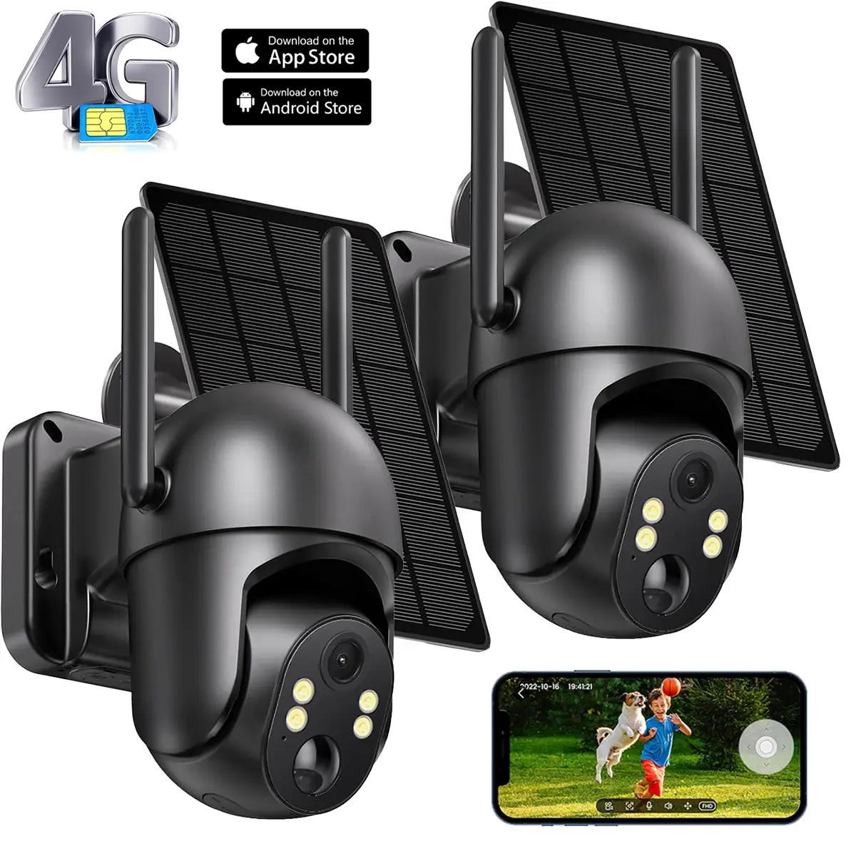 4G LTE Solar Security Cameras Outdoor Wireless - No WiFi Needed, 2K Color Night Vision, 360 ° Live View, PIR Motion Detection, 2-Way Talk, Built-in S