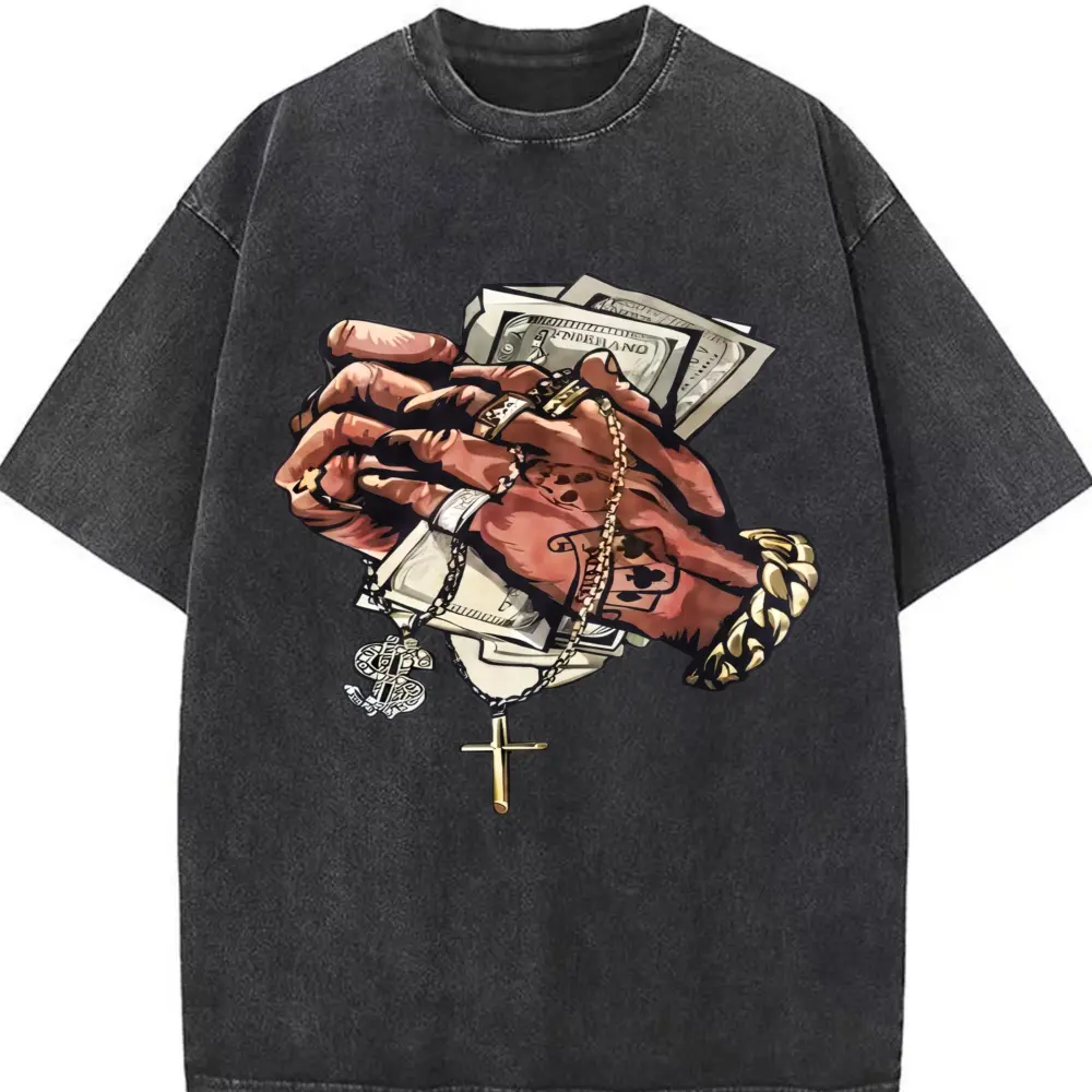 Men's Vintage Washed Oversized Distressed Pure Cotton Casual Round Neck Graphic T-Shirt - Black, Multi-Size, All Seasons Menswear Top with Hip Hop Art, Tattoo Hands, Gold Chain Cross Pendant, Dollar Cash Prints - Retro Urban Streetwear for Hip Hop Fans, G