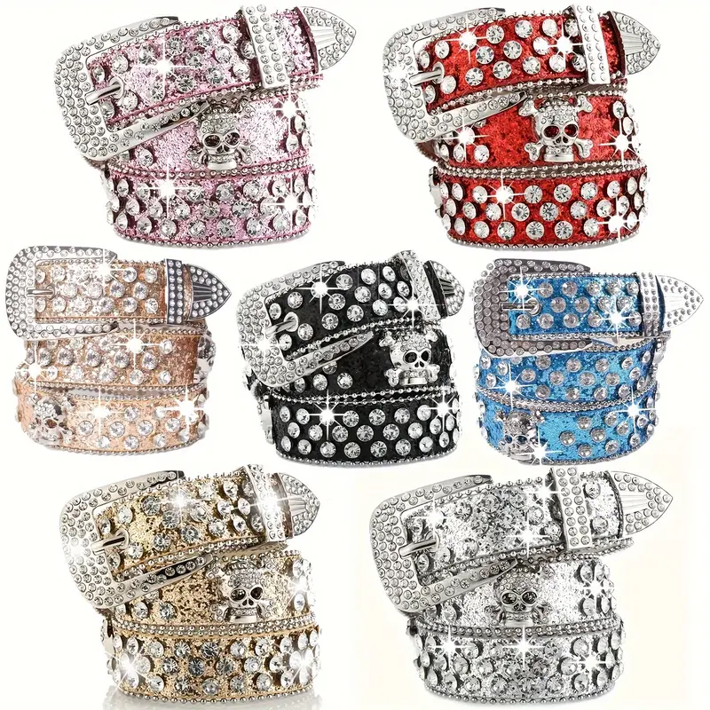 Women's PU Skull Head Rivet Rhinestone Statement Belt - Solid Color Glitter Artificial Leather Cowboy Chic Accessory for Western Jeans