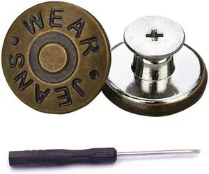 15 Sets of Jeans Buttons, 17mm No-Sew Nailess Removable Metal Jeans Button Replacement Repair Combo Thread Rivets and Screwdrivers