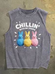 Chillin with My Peeps Graphic Cropped T-Shirt - Stylish Sleeveless Tee Featuring Playful Geometric Bunnies in Pastel Colors, Vintage Distressed Look for a Trendy Summer Vibe -, Easter, Music Festival, Mother's Day Gifts