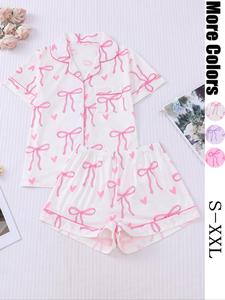 women's all over bow print crop shirt & elastic waist shorts pyjama two-piece set, casual comfy short sleeve top & shorts pj set, ladies sleepwear for all seasons, pajamas, loungewear, womenswear, pajama sets