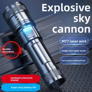 Super bright rechargeable flashlight, suitable for outdoor patrolling, features zoom function, aurora beam, wide-angle floodlight and laser beam, rechargeable