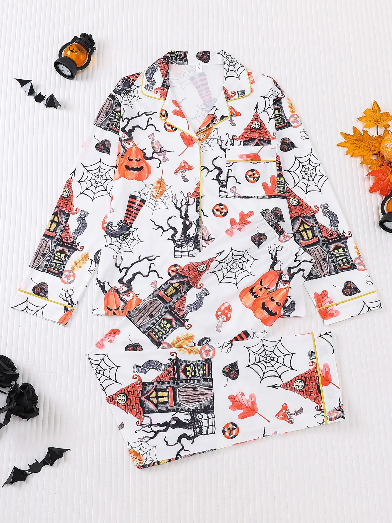 2 pieces of women's Halloween wooden house pumpkin monster mushroom candy printed long sleeved pants comfortable lapel pajama set Fitted top pocket elastic waistband suitable for all seasons casual home wear, Casual Sleepwear Loungewear, Pyjamas