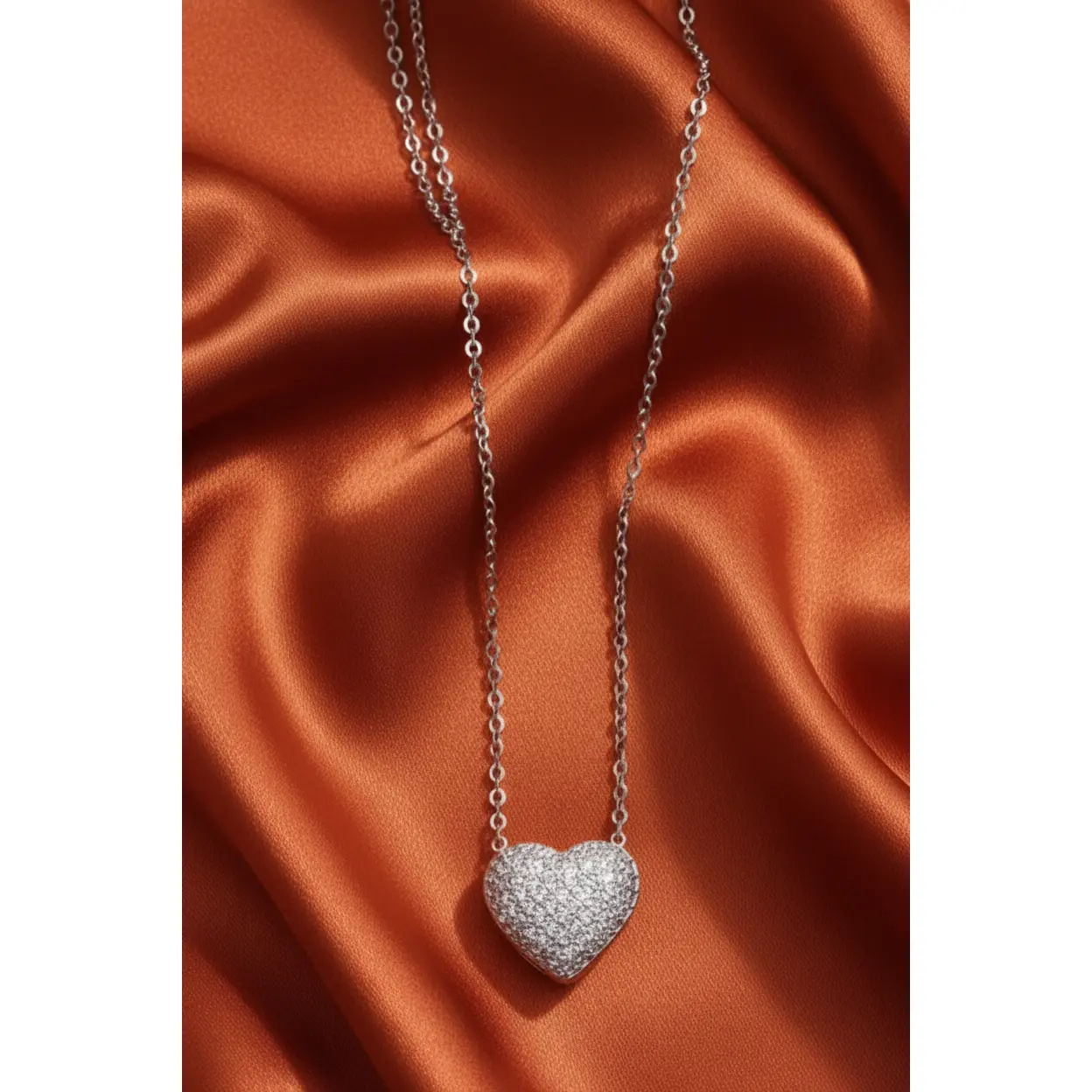 Stainless Steel 3D Heart Studded Necklace