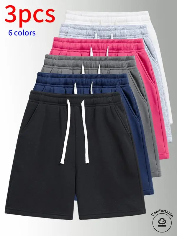 3-pack men’s casual athletic shorts, solid color drawstring elastic waistband loose fit shorts, available in multiple colors, comfortable sports fitness shorts with pockets
