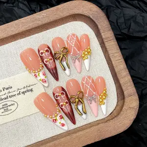 10Pcs Handmade Press On Nails Reusable False Nails Vintage Bowknot Blood Red Tortoiseshell 3D Dark Red Heavy Craft Long Wearable Art Nails for Women Girls Party Gift