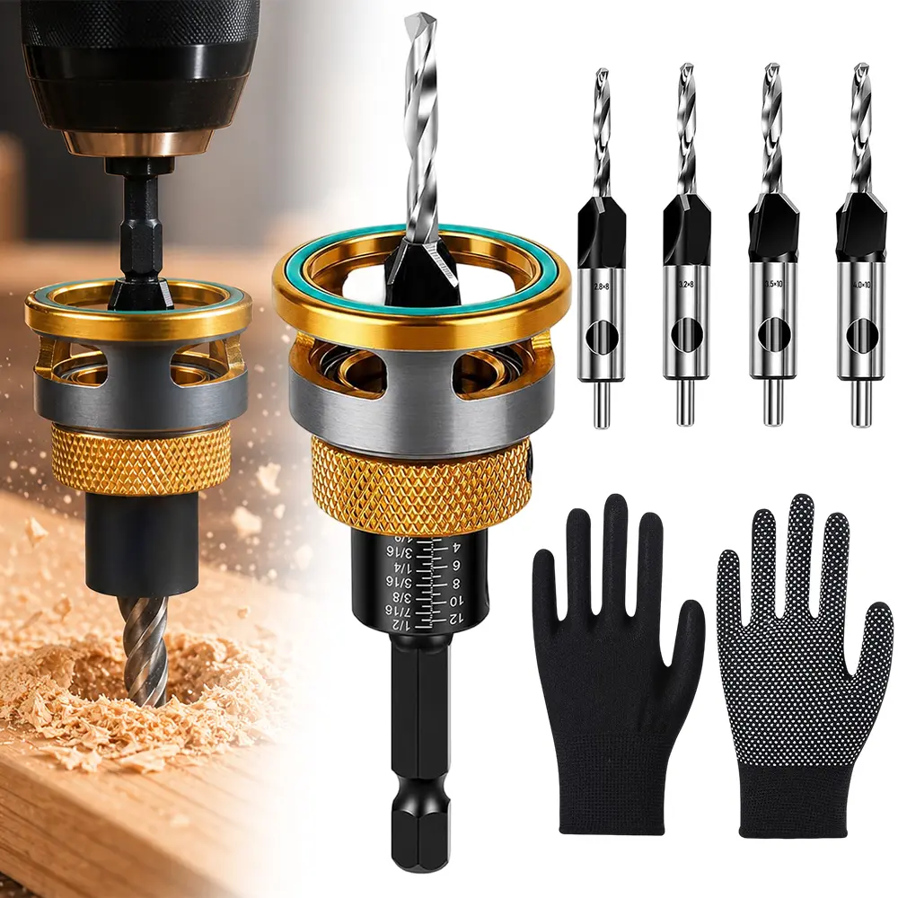 Countersink Drill Bit Set with Depth Stop 4PCS, HCS Four Blades Wood Countersink Bits with Adjustable Depth Stop, L Shape Wrench and S2 PH2 Screwdriver Bit for Wood, Plastic, Woodworking sohochic