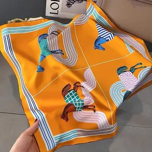 Mulberry 100% Silk Vintage Orange Horse Print Scarf – Twill Square Wrap 26.8”x26.8” fashionable scarf