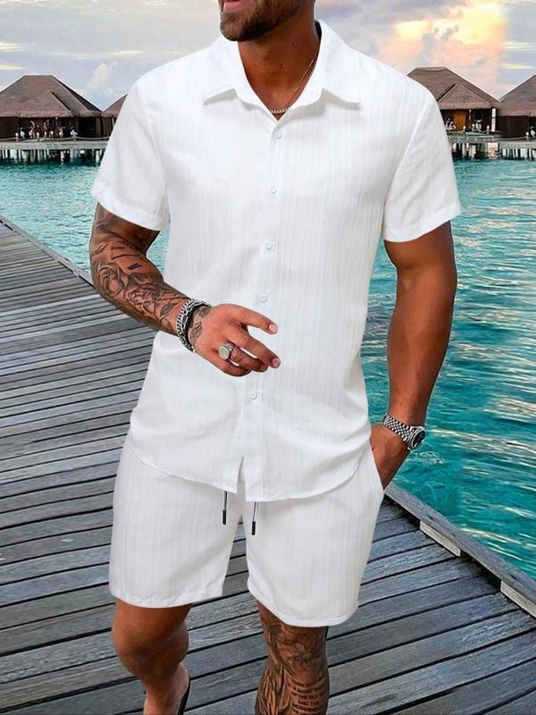 Two-Piece Set Men's Regular Fit Solid Textured Short Sleeve Shirt & Shorts, Casual Summer Set for Men, Mens Clothes for Beach Vacation Two-Piece Set Men's Regular Fit Solid Textured Short Sleeve Shirt & Shorts, Casual Summer Set for Men, Mens Clothes for Beach Vacation