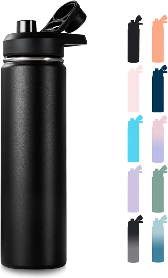24 oz Insulated Water Bottle with Handle, 304 Stainless Steel Water Bottles with Wide Mouth, Double Wall Vacuum Sports Water Bottle, BPA Free, Keep Cold and Hot, Black | with Handle