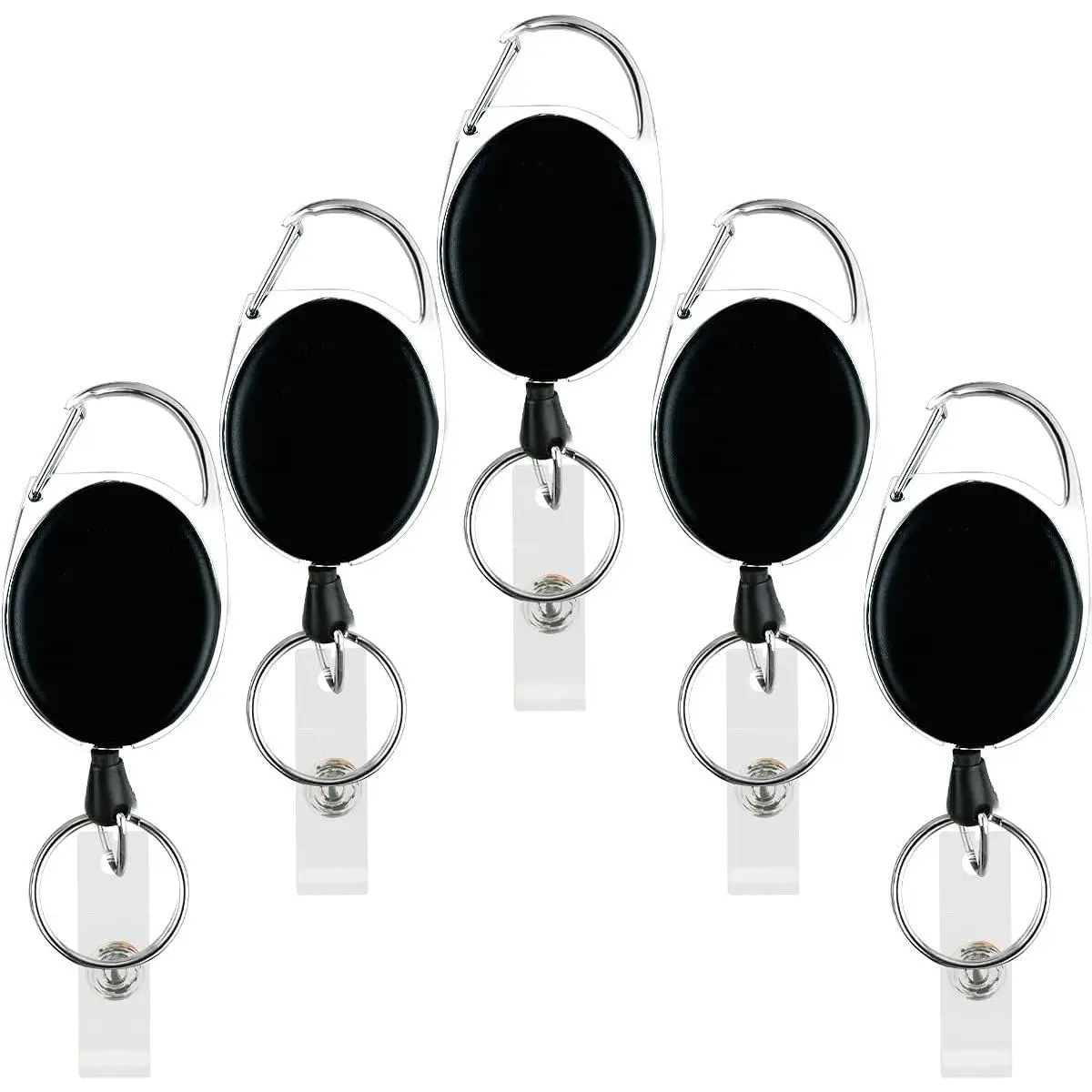 5 Pack Heavy Duty Retractable Badge Reel Id Card Holder with Clip and Key Ring Carabiner  with Belt Clip Black Vertical Reels Holders for Nurse  Office Worker Specialist Clear Name