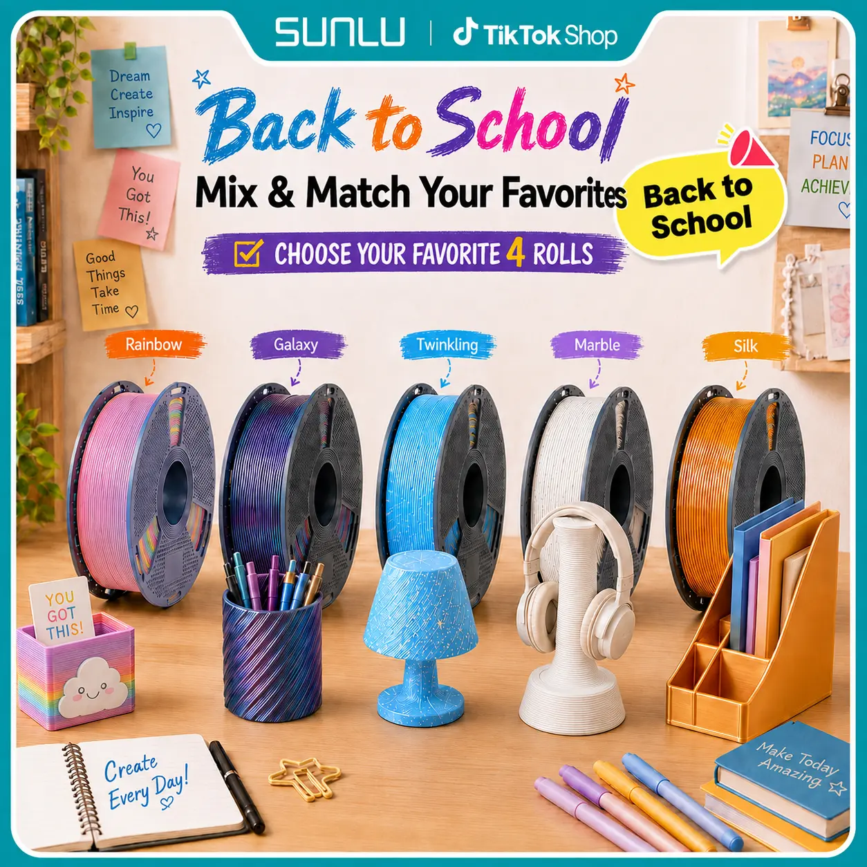 SUNLU 1KG PLA Filament Bundle, 3D Printing Supply with Back to School Aesthetic Options - Mix & Match Galaxy Theme, Twinkling, Marble, Wood, Rainbow, Matte Varieties tiktokshopbacktoschool