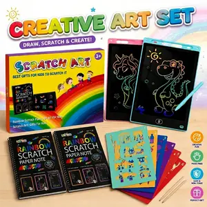 LCD Writing Tablet & Scratch Art Kit for Kids, 2-in-1 Creative Drawing Set, Colorful Rainbow Scratch Paper Notebook + Erasable Doodle Board, Screen-Free Educational Art Toys Gift for Boys & Girls Age 3-10
