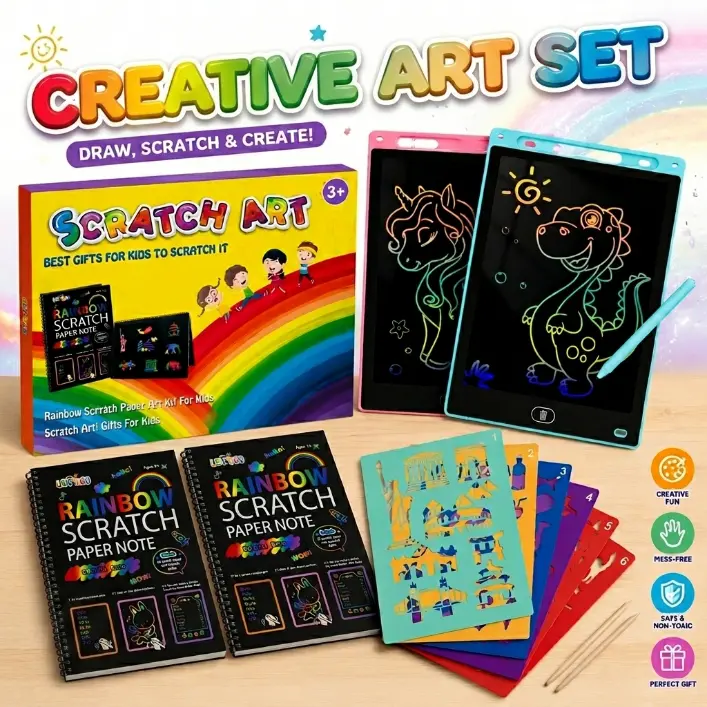 2-in-1 LCD Writing Tablet & Scratch Art Kit for Kids Aged 3-10, Creative Fun Learning Toy with Colorful Rainbow Scratch Paper Notebook & Erasable Doodle Board, Screen-Free Educational Gift Encouraging Creativity