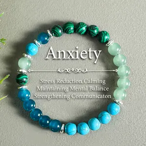 Anxiety Relief Bracelet with 8mm Malachite & Blue Turquoise Beads - Elastic, Calming Stress Reduction, Mental Balance & Communication Aid