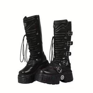 EROCALL  Metallic Black Goth Knee High Platform Combat Boots Leather Multiple Buckle Straps Steampunk Style Chunky Sole for Edgy Streetwear