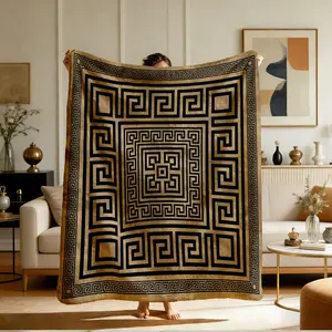 Comfortable Gold Greek Key Print Flannel Blanket, Gold Geometric Design, Soft Warm Anti-Pilling, Ideal Gift