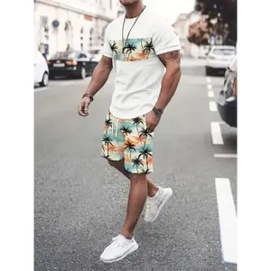 Summer Vacation Casual 3D Tropical Coconut Tree Print Men's Two-Piece Suit, Crew Neck Short-Sleeved T-Shirt And Drawstring Shorts