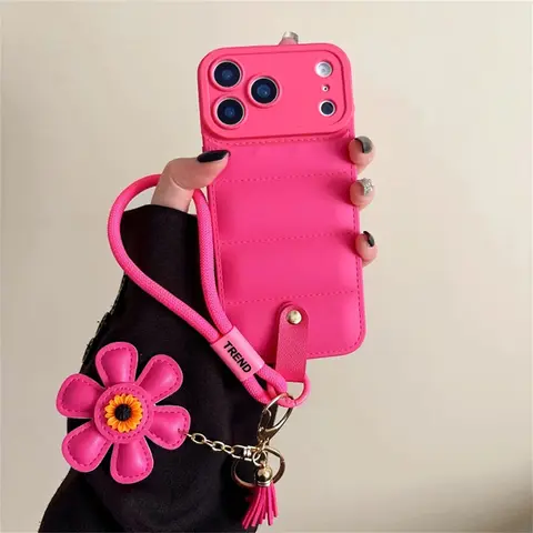 Fashion Down Jacket Lanyard Phone Leash Phone Case For iPhone 17 Pro Max 17 Air 16E 16 15 14 13 12 11 Pro Max 16 Plus Wrist Strap Soft TPU Cover Phone Sling Cellphone Accessories