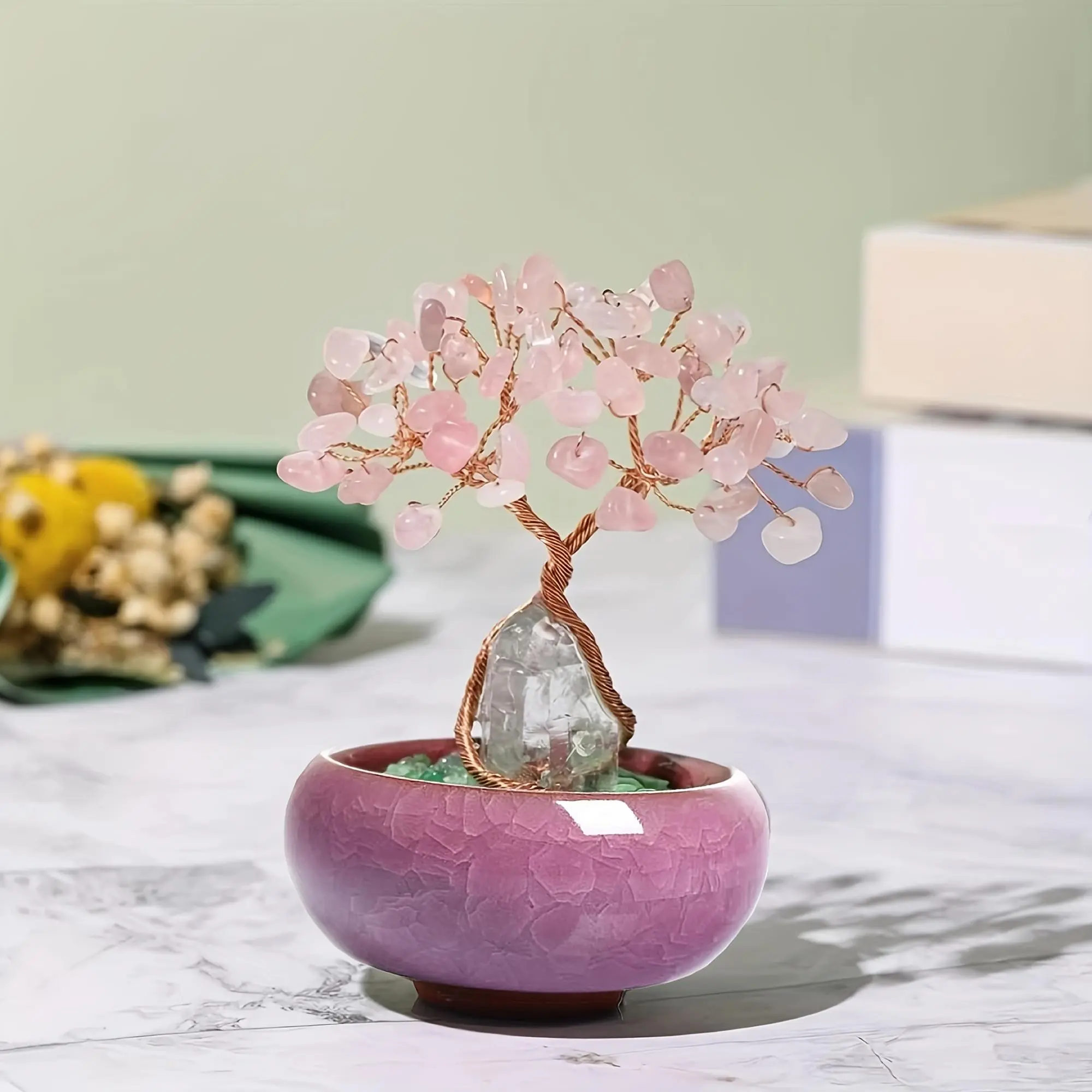 Boho Rustic Handcrafted Natural Raw Rose Quartz Tumbled Shape Crystal Tree, Wire Adjustable Handmade Wire-Wrapped Gemstone Tree Desktop Ornament for Meditation Altar, Christmas Gift Home Decor, Handcrafted Tree