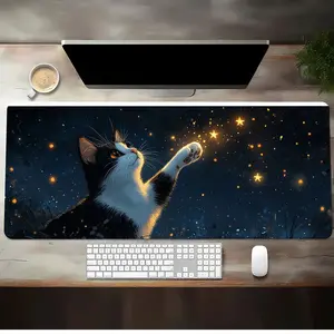 Large Non-Slip Mouse Pad - Cute Black and White Cat Desk Mat with Starry Night Sky, Glowing Golden Stars - -Fatigue Gaming, Office, Study Desk Mat - Perfect Gift for Cat Lovers, Couples, Friends - Compatible with PC, Laptop, Desktop Computers