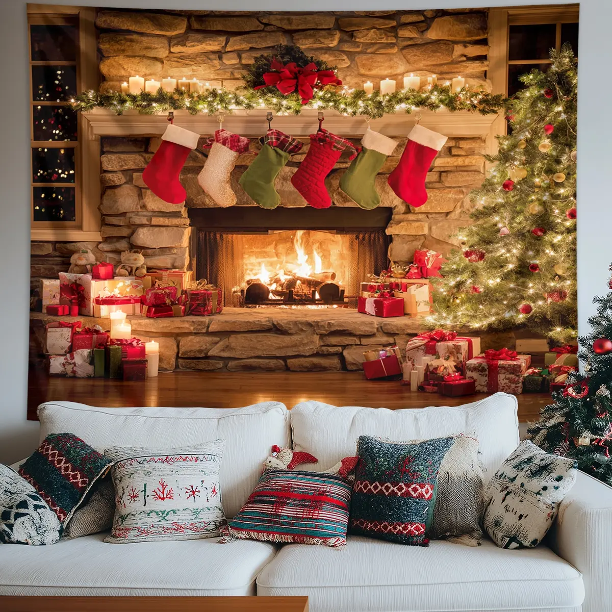 1pc Christmas tapestry, vintage stone burning fireplace Christmas tree socks 2D flat printed tapestry, Christmas photography background banner poster decoration, used for Christmas home, office, event - indoor/outdoor holiday decoration tapestry