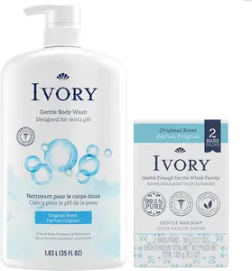 Ivory Body Wash + Gentle Bath Bar Soap (2 Count) Bundle Designed for the Whole Family, Original Scent, Gentle Formula, Made Without Heavy Perfumes, Parabens, or Phthalates