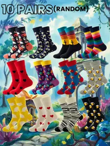 10 Pairs Random Fun Mid-Calf Socks, Heart, Fries, Mushroom Patterns Print, Vibrant Colors, Soft, Breathable, Casual & Commute Friendly