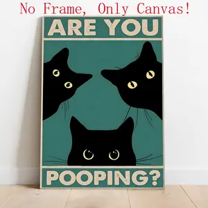 Funny Black Cat Bathroom Wall Art Unframed, "Are You Pooping" Canvas Poster, Retro Aesthetic Room Decor, Vintage Style Animal Artwork for Home Restroom, Cute Gift for Cat Lovers, Quirky Wall Decor, Rolled Canvas Wall Painting