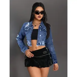Cropped Denim Jacket, Casual & Fashionable For Everyday Wear Tops Fit Long Sleeve(Sheets)
