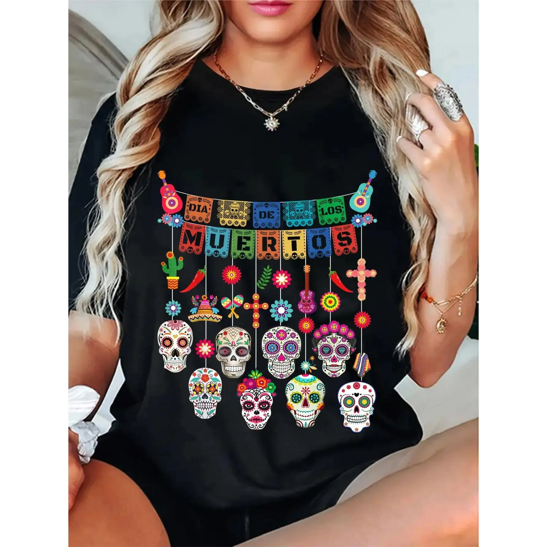 Women's Dia De Los Muertos Funny Hanging Skulls Short-Sleeve Round Neck Casual Streetwear T-Shirt - Skeleton Graphic Womenswear Top, Tshirt