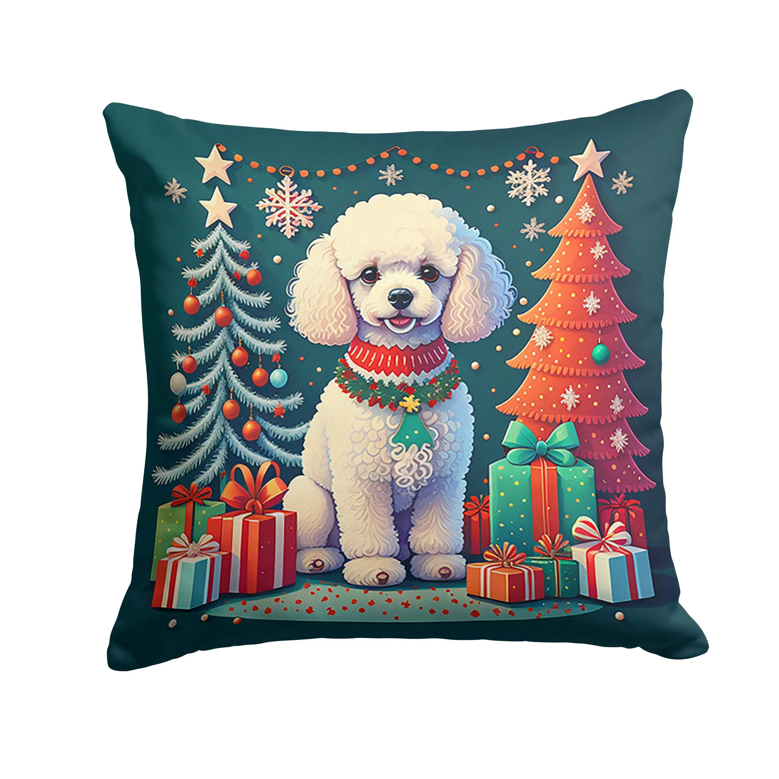 White Toy Poodle Print Decorative Pillow, Vibrant Animals-Themed Christmas Fabric Cushion, Handmade Handcrafted in the United States