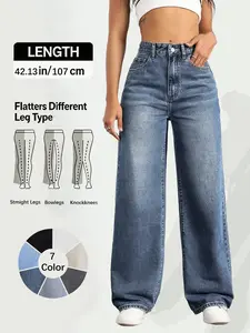 Women's Pocket Button Denim High Waist Jeans, Casual Fashion Comfy Wide Leg Jeans for Daily Wear, Ladies Bottoms for All Seasons