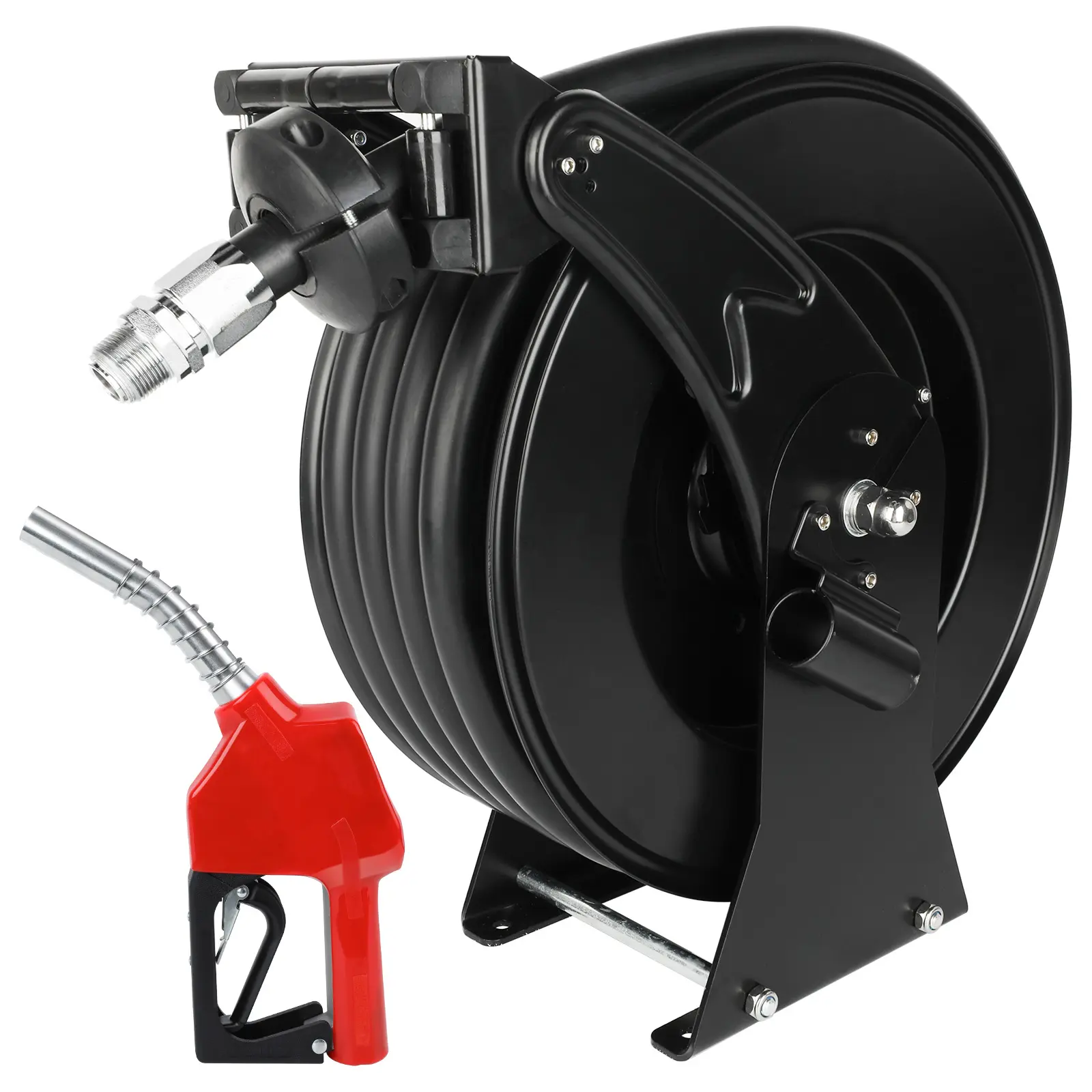 [Black Friday Deal] Fuel Hose Reel Retractable, 1'' x 50' Auto Swivel Rewind Hose with Refueling Nozzle, Inlet&Oulet 3/4" NPT Thread Swivel, 300 PSI Heavy Duty Steel Construction Reel, Black