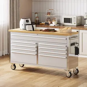 61 inch Rolling Tool Chest Garage Workbench with 9 Drawers Solid Rubber Wood Top and with Wheels Lock Key Locking Mobile Workstation Tool Cabinet for Workshop Storage-Sliver