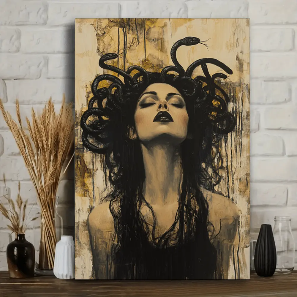 Artistic Ancient Greek Mythology Medusa Canvas Print Wall Art Painting with Wood Frame, Decorative Home Decor for Living Room-Dining Room