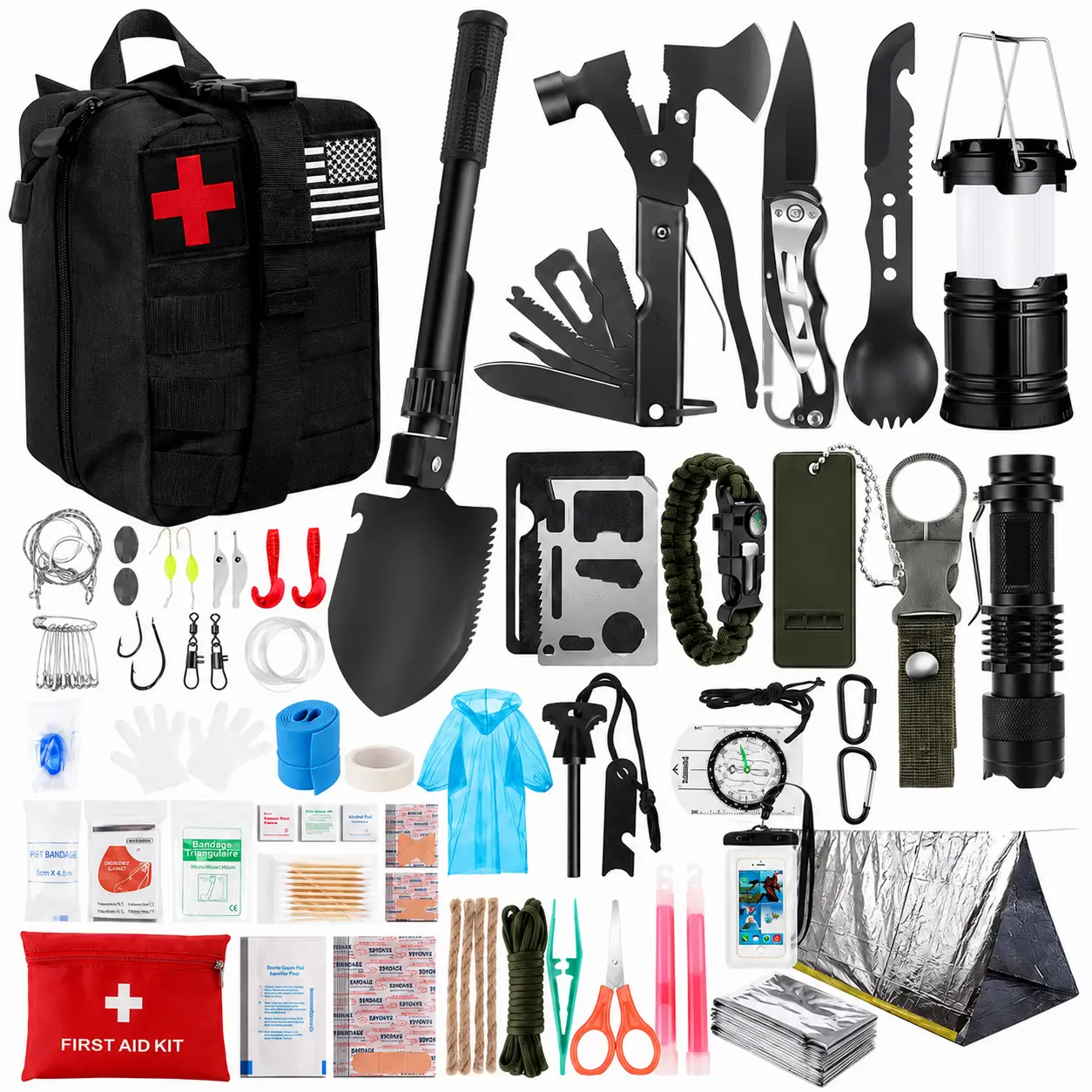 252-Piece Durable High-Capacity Severe Weather-Resistant Emergency Kit with MOLLE System Nylon Bags, Tactical Accessories, Flashlight, First Aid Gear - Outdoor Severe Weather Preparedness, Home/Car Use, Gifts for Men