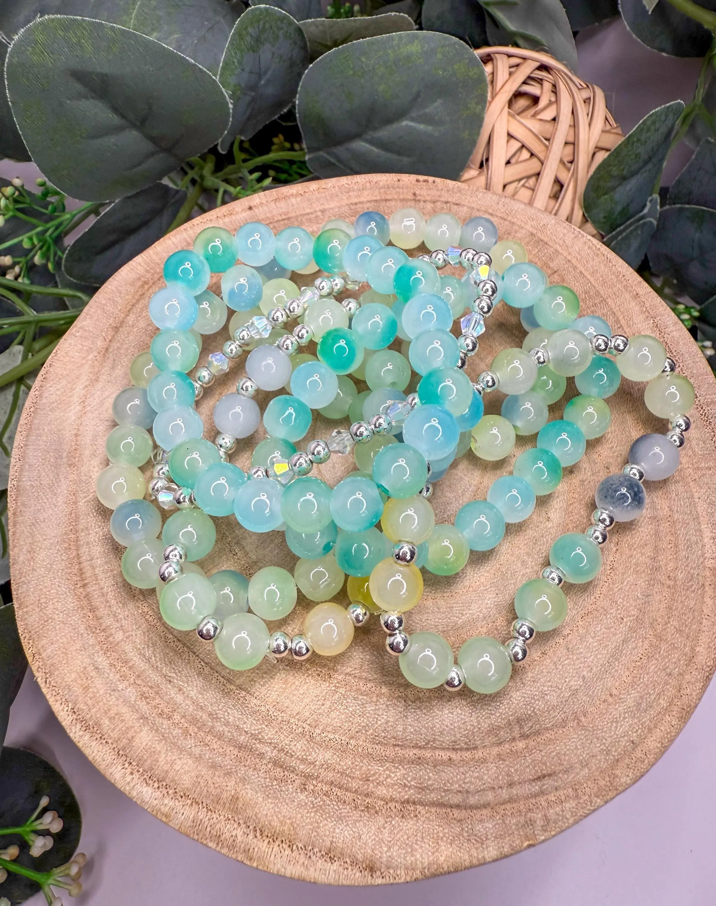 Seafoam Glass Bead Bracelet Stack - Four Colorful Handmade Bands