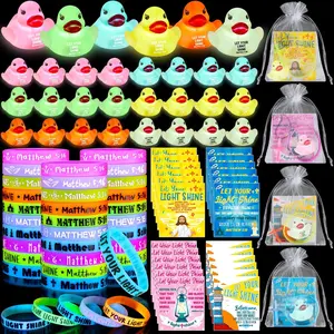 96 Pcs Christian Let Your Light Glow in the Dark Religious Gifts with Bible Verse Cards Bulk 2.2 Inch Mini Jesus Rubber Ducks Silicone Christian Bracelets Organza for Baptism Church Party Favors