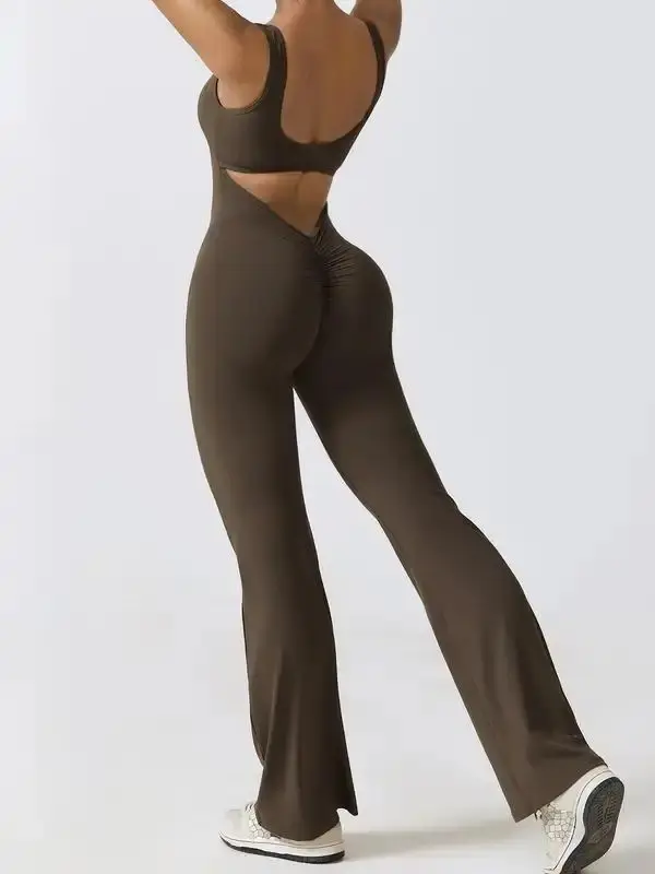 Women's Plain Cut Out Sports Jumpsuit, Sporty Square Neck Ruched Flare Leg Jumpsuit, Medium Stretchy Sports Fitness Bodysuit Jumpsuit for Women, Ladies Sportswear, Gym Clothes, Back To School Outfits, Ladies Clothes, Minimalistic Outfit, Fall Outfits