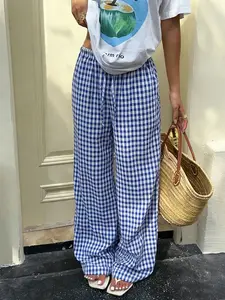 Women's Blue And White Checkered Wide Leg Pants, Lightweight And Breathable Casual Trousers, Suitable For Streetwear And Beach Outfits