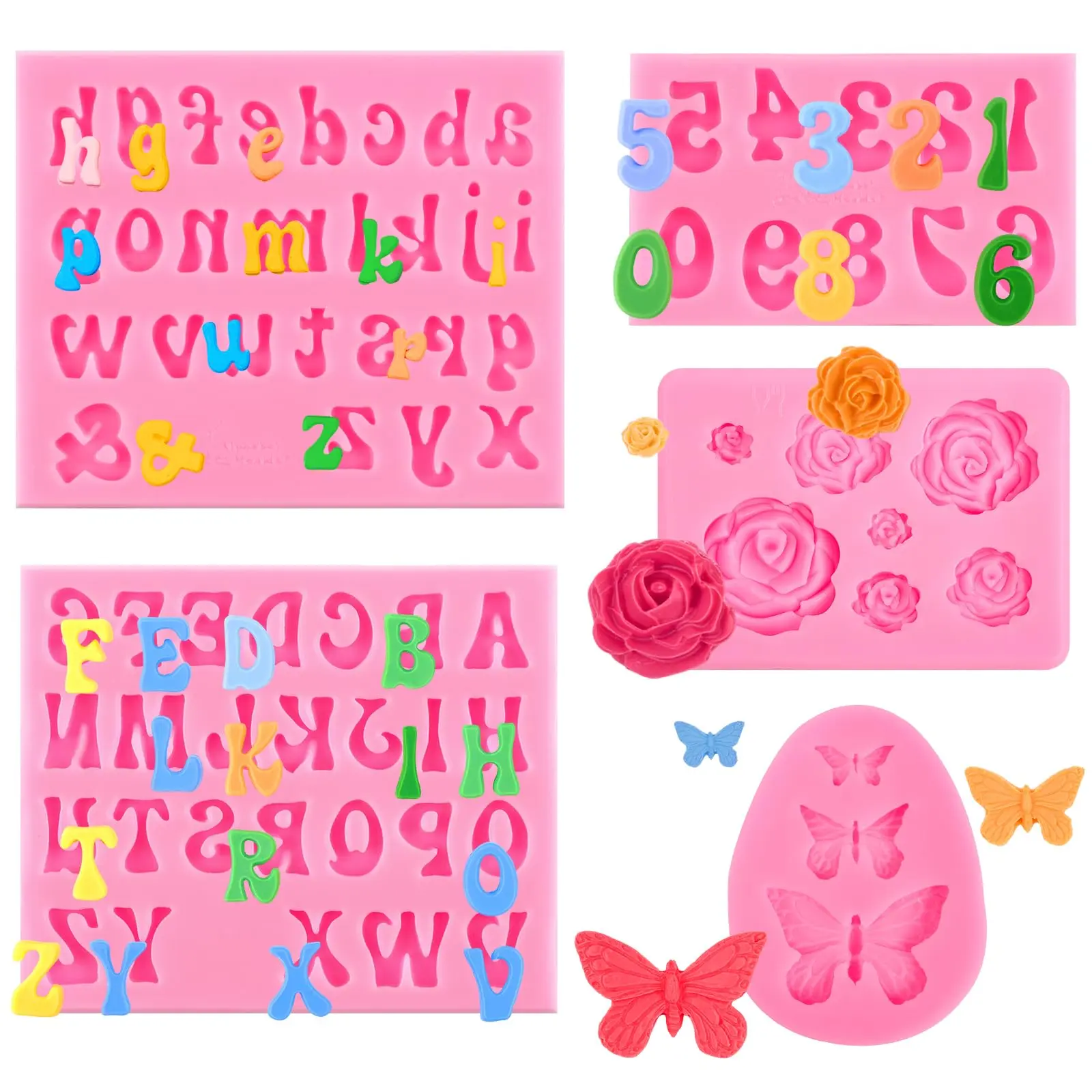 5 PCS Letter & Number Silicone Fondant Molds, Non-Stick Baking Molds with Flower & Butterfly Shapes, DIY Molds for Chocolate, Candy, Cake Decorations & Cupcake Toppers