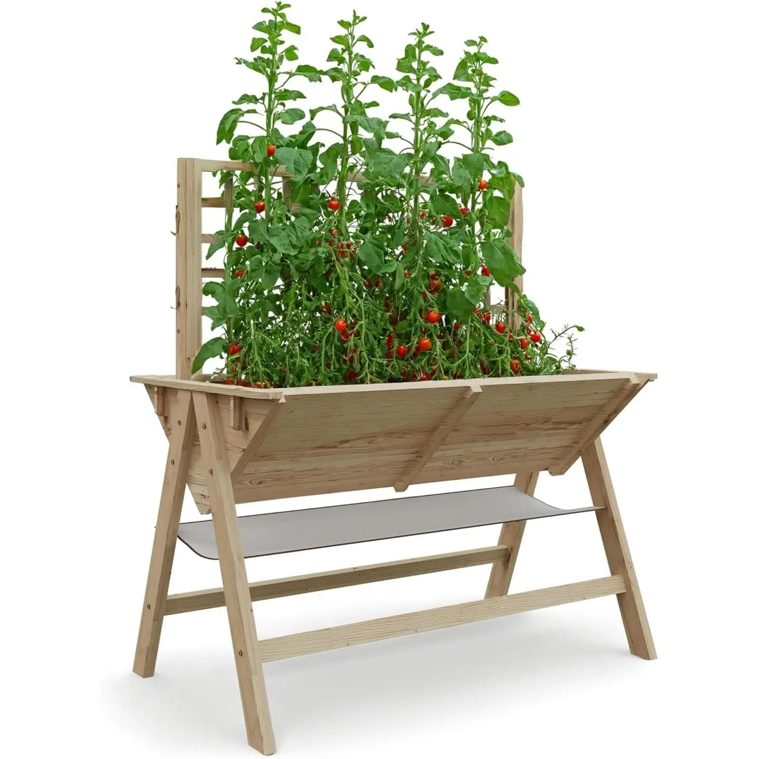GARVEE Mobile Raised Garden Bed with Trellis & Storage Shelf – Wooden Planter Box with Legs, Lockable Wheels, Drainage Holes, Protective Liner, Natural
