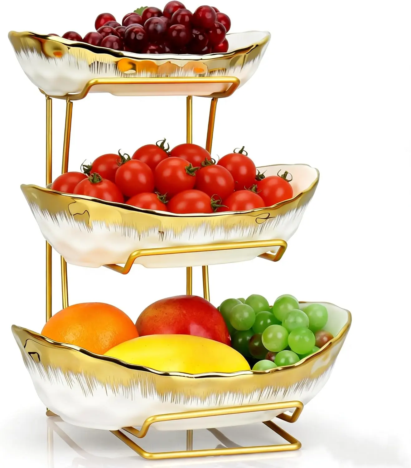 3 Tier Fruit Bowl for Kitchen Counter, Ceramic Fruit Bowl with Metal Stand, 3 Tier Fruit Basket for Vegetable Snacks Nuts Bread Candy Storage